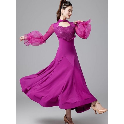 Black red purple sequins ballroom dance dresses for women girls lantern long sleeves flowy tango foxtrot smooth dance long gown back with bowknot for female